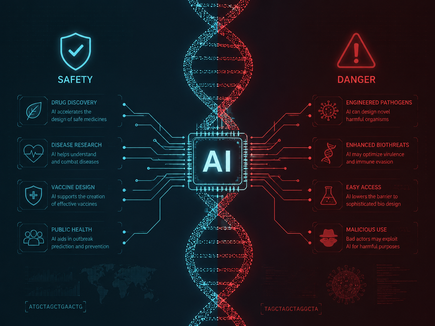 AI在生物领域双重用途的风险示意图