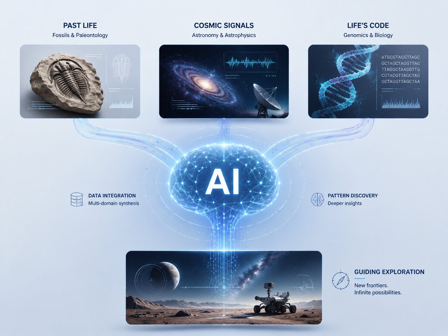 AI整合科学数据进行探索的概念性插图
