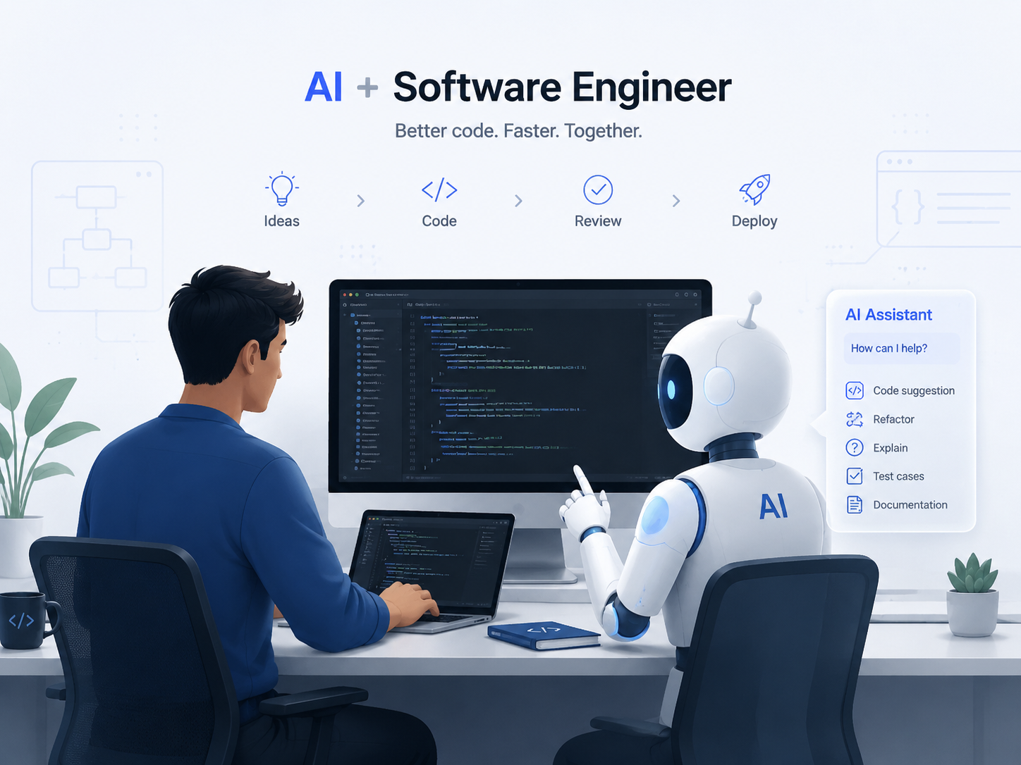 AI 与软件工程师协作的概念性插图