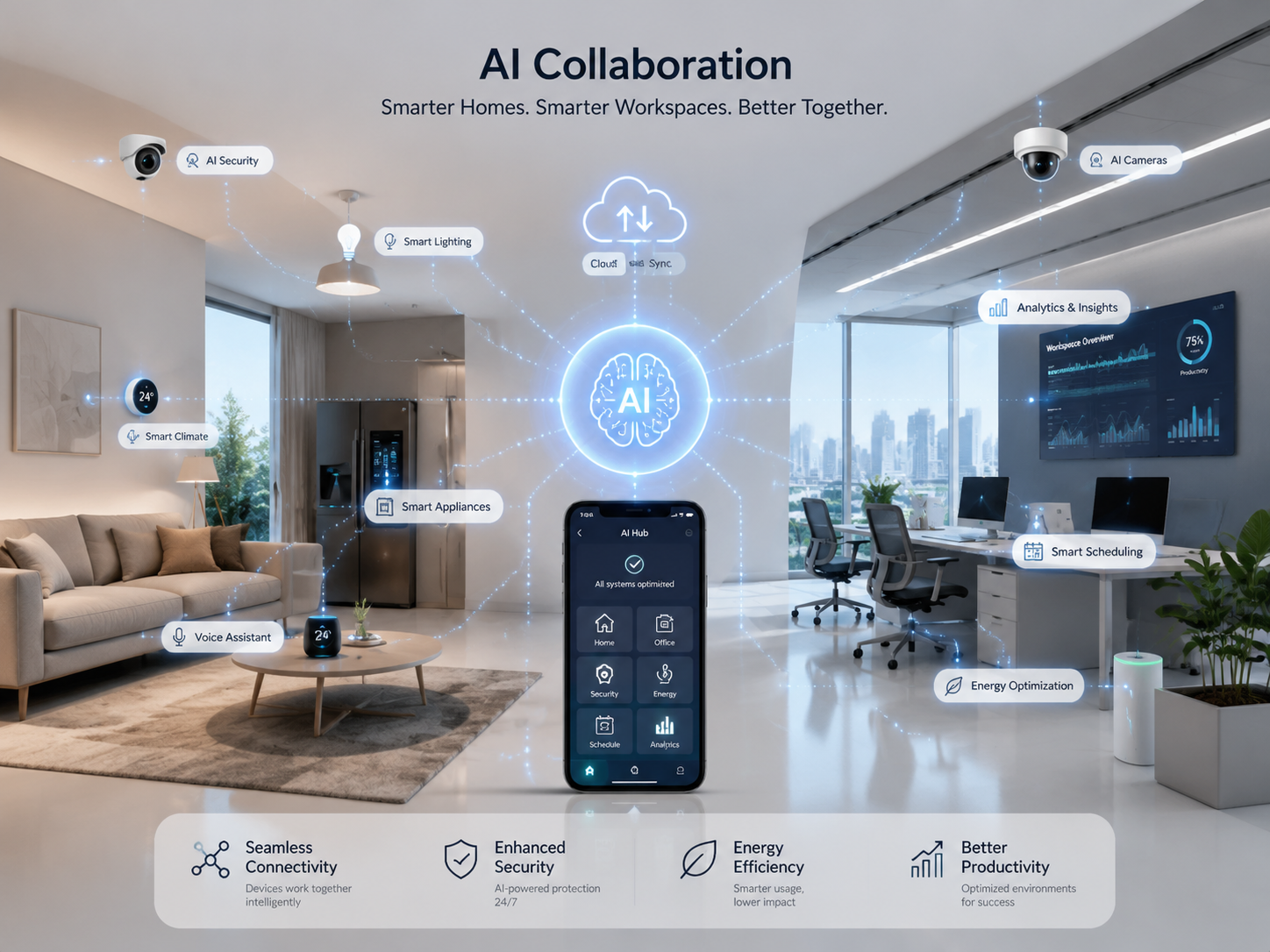 未来 AI 协作在智能家居和工作场所的示意图