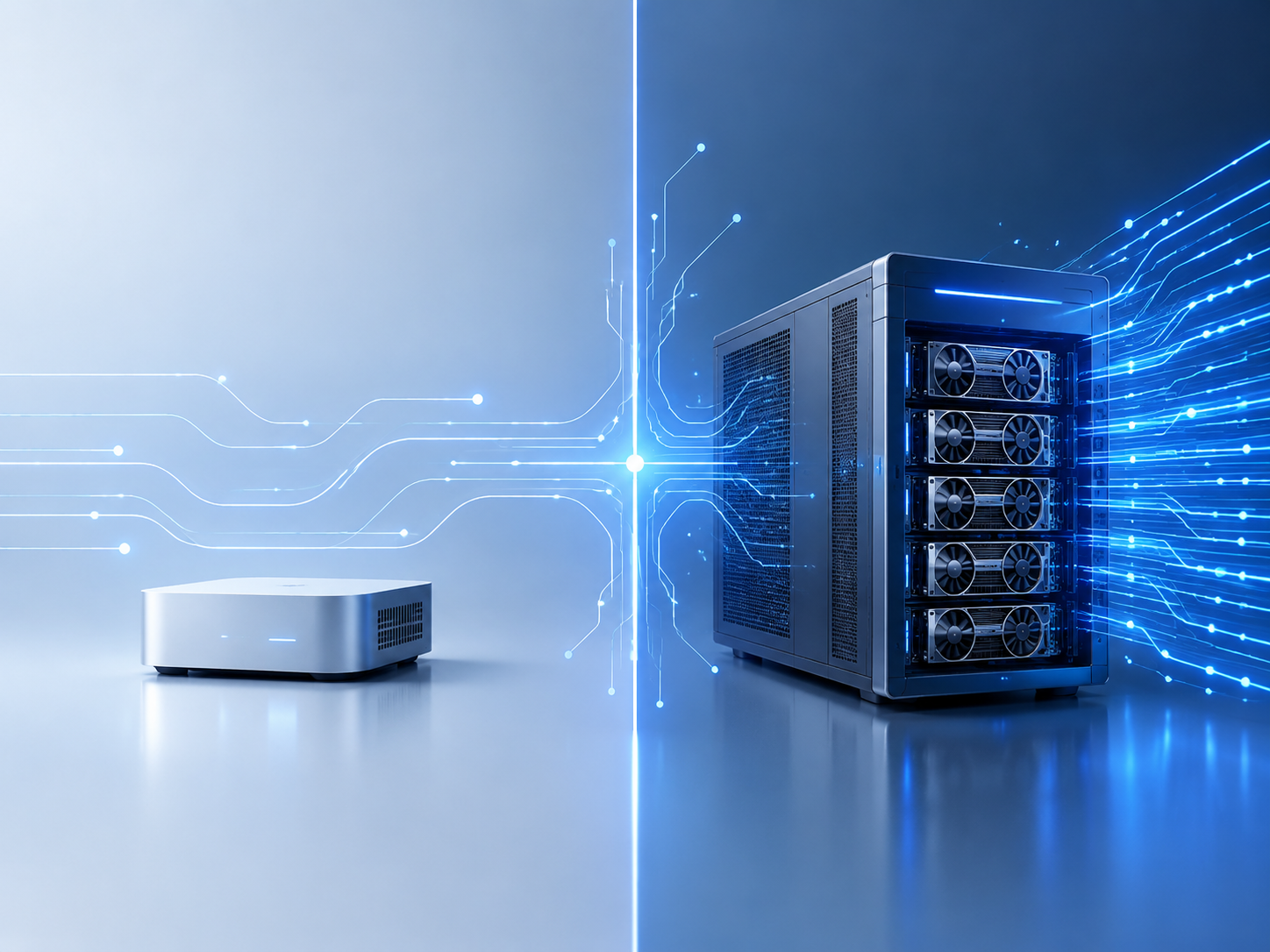 轻量AI BOX与满血一体机对比的概念图